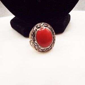 COLLINS FINE JEWELRY STERLING CORAL OVAL CABOCHONE OPEN FILIGREE SZ. 8 RING 35